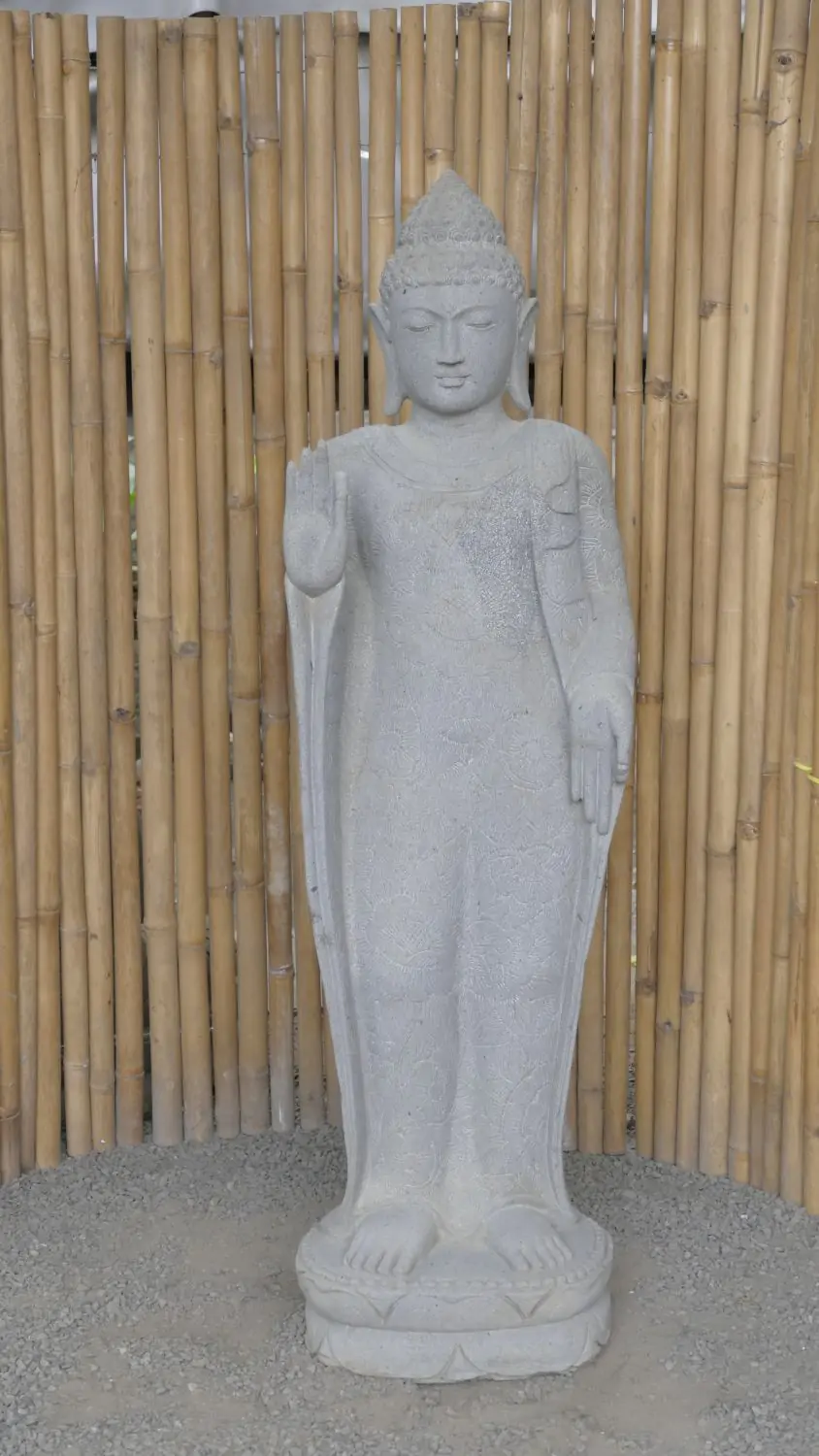  Product image 2 of the product “Standing Buddha with floral carving, Abudaya position. 48 x 34,5 x 151,5 cm. Natural stone (river stone), stonemasonry ”